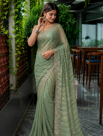 Light Green Color HandWork And Sequence Work Satin Saree
