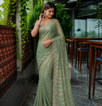 Light Green Color HandWork And Sequence Work Satin Saree