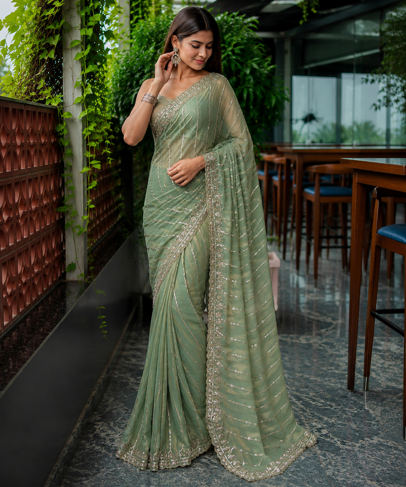Light Green Color HandWork And Sequence Work Satin Saree