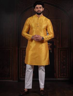 Yellow color smart and ethnic woven textured kurta payjama for mens' ethnic looks 5