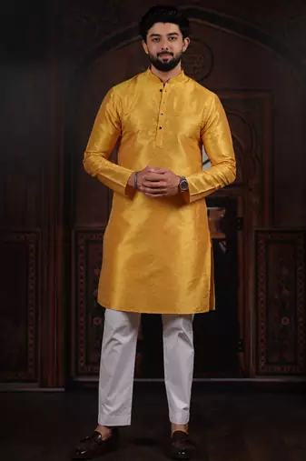 Yellow color smart and ethnic woven textured kurta payjama for mens' ethnic looks