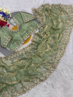 Light Green Color HandWork And Sequence Work Satin Saree 2