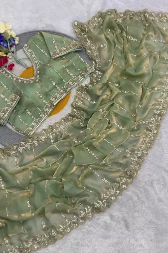 Light Green Color HandWork And Sequence Work Satin Saree