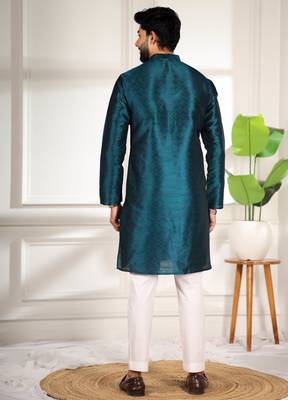 Teal color smart and ethnic woven textured kurta payjama for mens' ethnic looks 2