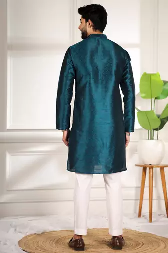 Teal color smart and ethnic woven textured kurta payjama for mens' ethnic looks