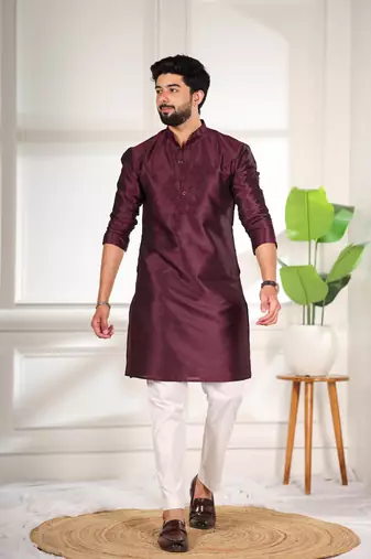 Wine color smart and ethnic woven textured kurta payjama for mens' ethnic looks