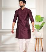 Wine color smart and ethnic woven textured kurta payjama for mens' ethnic looks