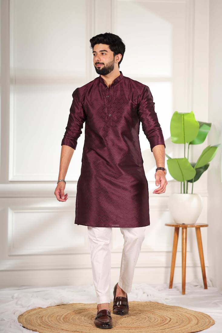 Wine color smart and ethnic woven textured kurta payjama for mens' ethnic looks