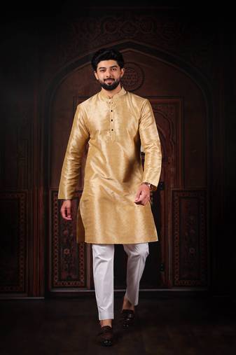 Beige color smart and ethnic woven textured kurta payjama for mens' ethnic looks