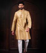 Beige color smart and ethnic woven textured kurta payjama for mens' ethnic looks