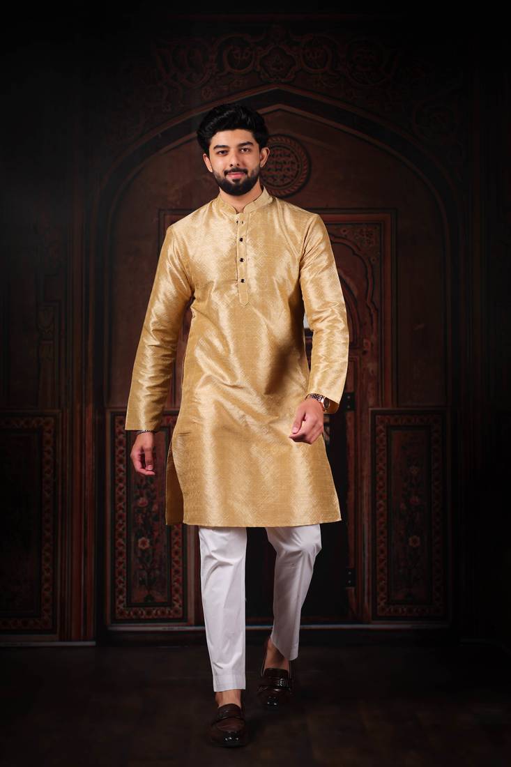 Beige color smart and ethnic woven textured kurta payjama for mens' ethnic looks