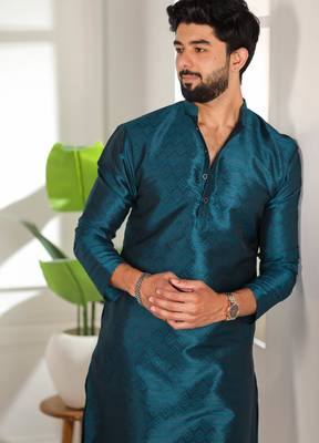 Teal color smart and ethnic woven textured kurta payjama for mens' ethnic looks 3