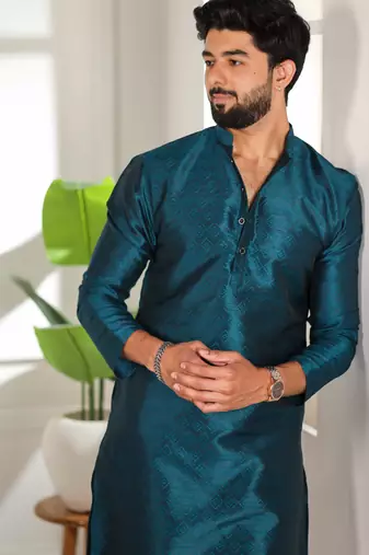 Teal color smart and ethnic woven textured kurta payjama for mens' ethnic looks