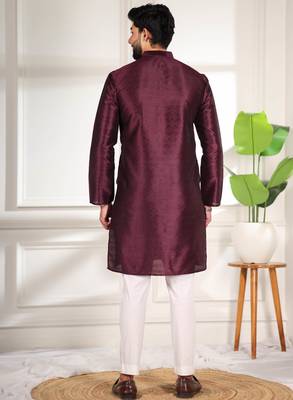 Wine color smart and ethnic woven textured kurta payjama for mens' ethnic looks 2