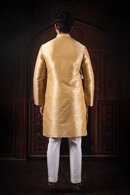 Beige color smart and ethnic woven textured kurta payjama for mens' ethnic looks 2