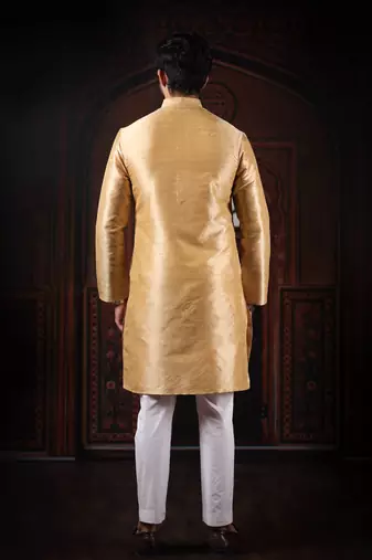 Beige color smart and ethnic woven textured kurta payjama for mens' ethnic looks