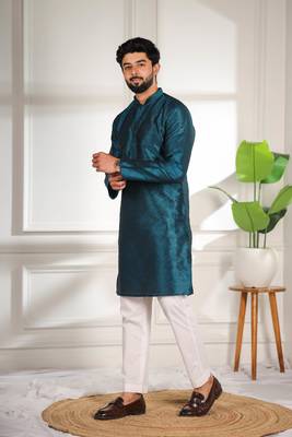 Teal color smart and ethnic woven textured kurta payjama for mens' ethnic looks 4