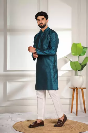 Teal color smart and ethnic woven textured kurta payjama for mens' ethnic looks