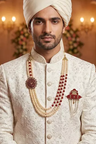 Pearl-Beaded Dulha Moti Mala Haar Necklace With Brooch