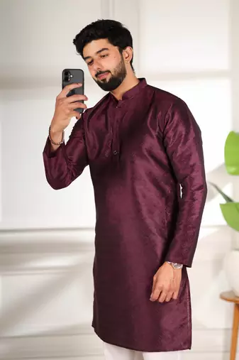 Wine color smart and ethnic woven textured kurta payjama for mens' ethnic looks