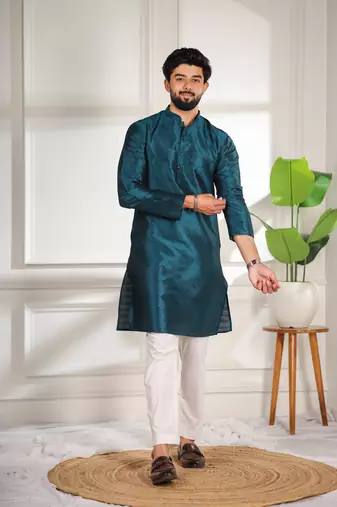 Teal color smart and ethnic woven textured kurta payjama for mens' ethnic looks