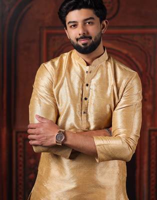 Beige color smart and ethnic woven textured kurta payjama for mens' ethnic looks 3