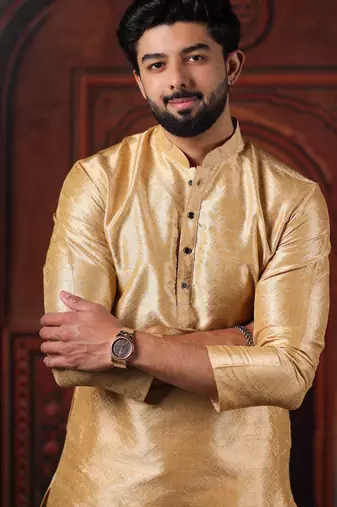 Beige color smart and ethnic woven textured kurta payjama for mens' ethnic looks
