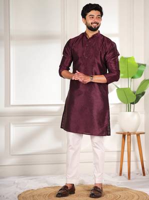 Wine color smart and ethnic woven textured kurta payjama for mens' ethnic looks 4