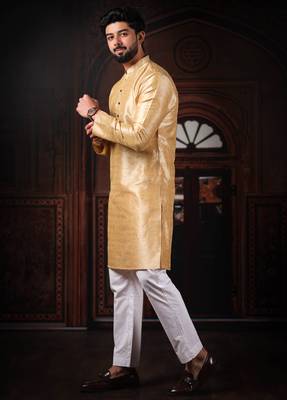 Beige color smart and ethnic woven textured kurta payjama for mens' ethnic looks 4
