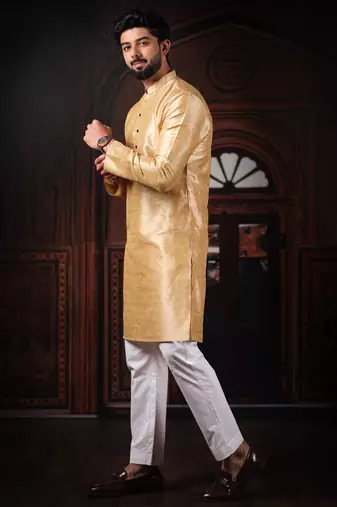 Beige color smart and ethnic woven textured kurta payjama for mens' ethnic looks