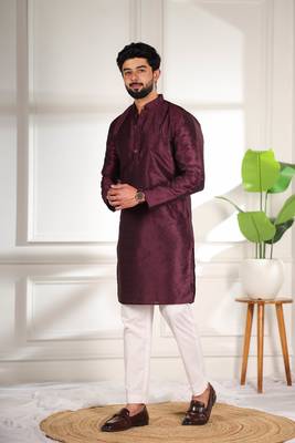 Wine color smart and ethnic woven textured kurta payjama for mens' ethnic looks 5