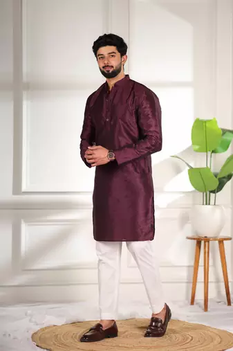 Wine color smart and ethnic woven textured kurta payjama for mens' ethnic looks