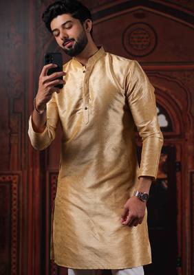 Beige color smart and ethnic woven textured kurta payjama for mens' ethnic looks 5
