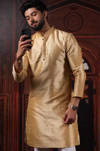 Beige color smart and ethnic woven textured kurta payjama for mens' ethnic looks