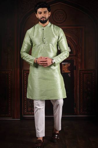 Pista color smart and ethnic woven textured kurta payjama for mens' ethnic looks