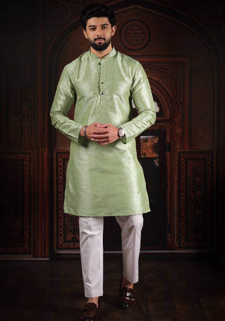 Pista color smart and ethnic woven textured kurta payjama for mens' ethnic looks
