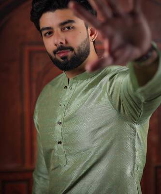 Pista color smart and ethnic woven textured kurta payjama for mens' ethnic looks 3