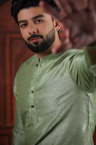 Pista color smart and ethnic woven textured kurta payjama for mens' ethnic looks