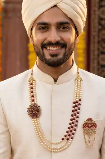 Pearl-Beaded Dulha Moti Mala Haar Necklace With Brooch