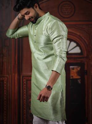 Pista color smart and ethnic woven textured kurta payjama for mens' ethnic looks 4