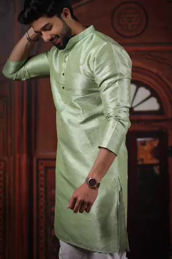 Pista color smart and ethnic woven textured kurta payjama for mens' ethnic looks