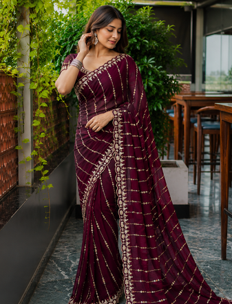 Maroon Color HandWork And Sequence Work Satin Saree