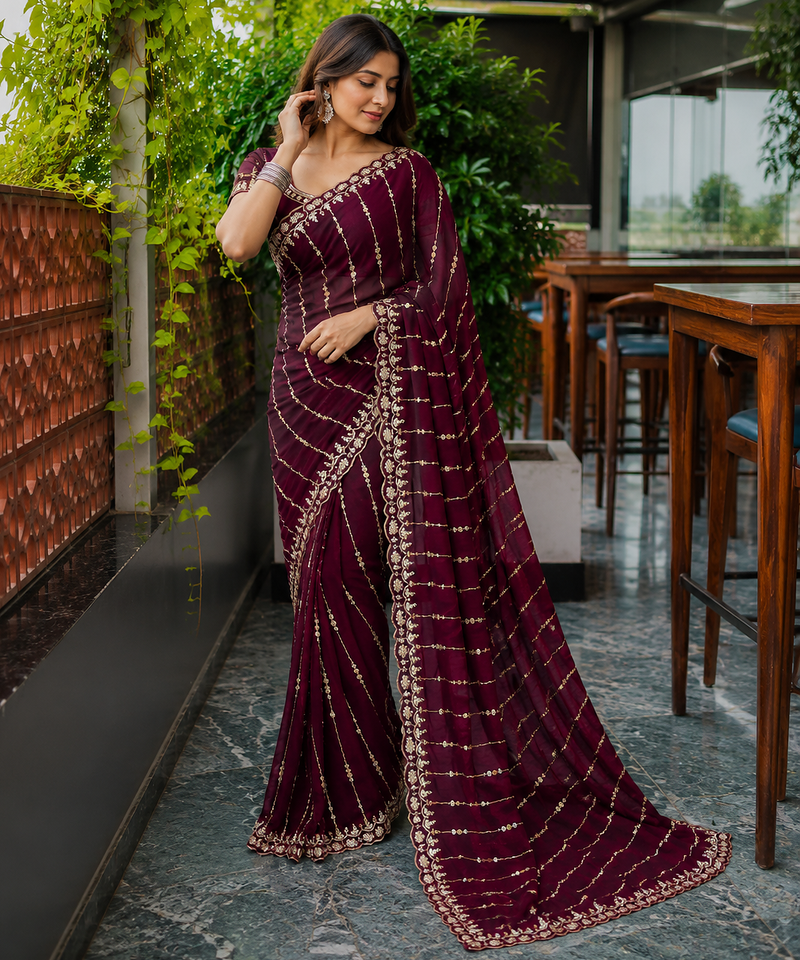 Maroon Color HandWork And Sequence Work Satin Saree