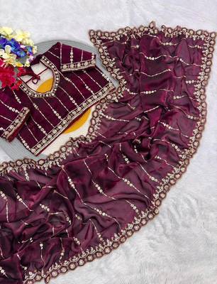 Maroon Color HandWork And Sequence Work Satin Saree 2