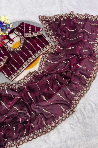 Maroon Color HandWork And Sequence Work Satin Saree