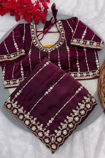 Maroon Color HandWork And Sequence Work Satin Saree