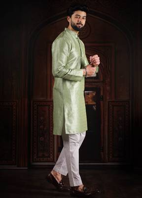 Pista color smart and ethnic woven textured kurta payjama for mens' ethnic looks 5