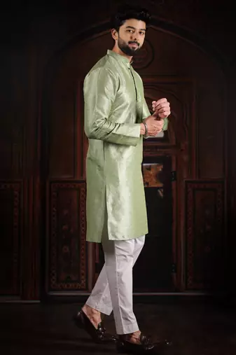 Pista color smart and ethnic woven textured kurta payjama for mens' ethnic looks