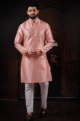 Pink color smart and ethnic woven textured kurta payjama for mens' ethnic looks