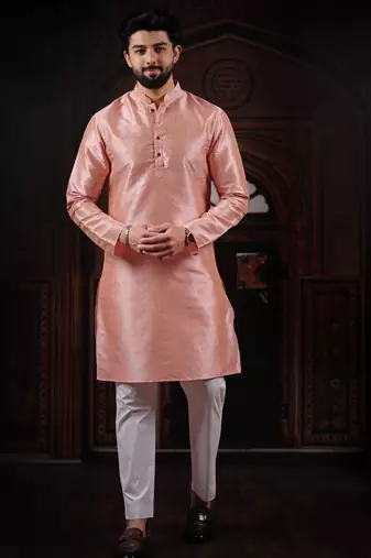 Pink color smart and ethnic woven textured kurta payjama for mens' ethnic looks
